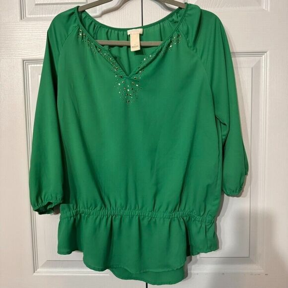 Chicos Sz 1 Kelly Green Blouse V Neck 3/4 Balloon Sleeve Peasant Top Embellished - Picture 1 of 7